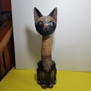 Balikraft hand carved wood cat figurine brass inlay 16" tall